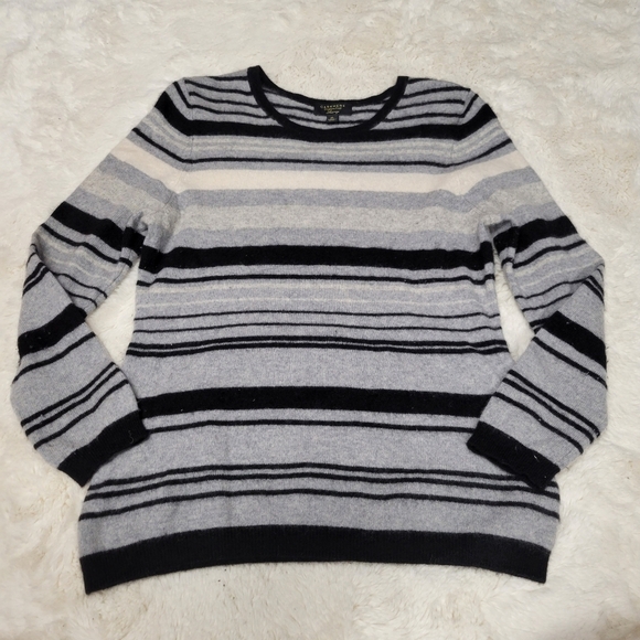 Charter Club 100% Cashmere Pullover Sweater Striped Crewneck Black Grey Size XL - Picture 1 of 5